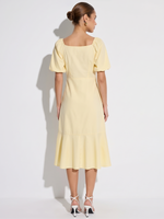 100% Cotton Ruffle Puff Sleeve Women Wrap Midi Dress GOELIA