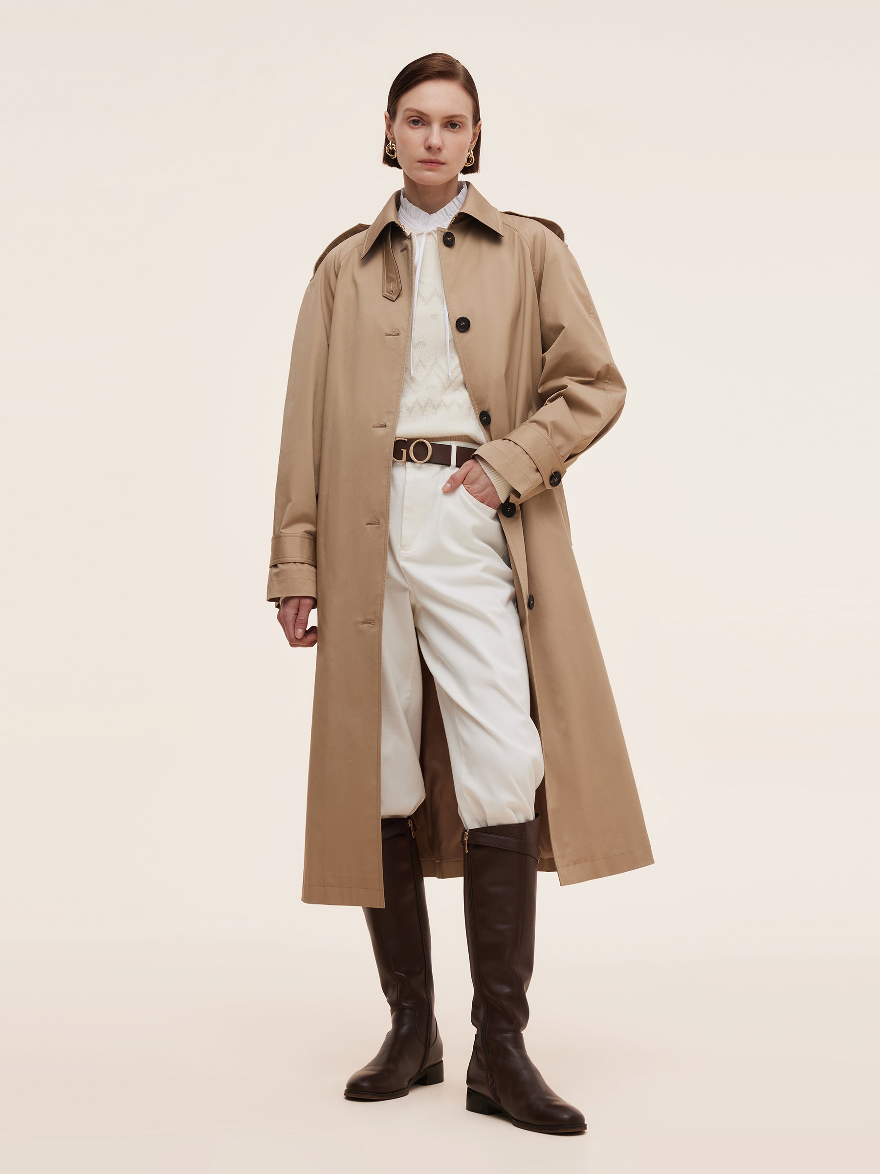 Cotton Self-Tie Belt Women Long Trench Coat GOELIA