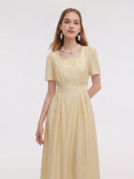 Tencel Blend Square Neck Women Gather-Waisted Maxi Dress GOELIA