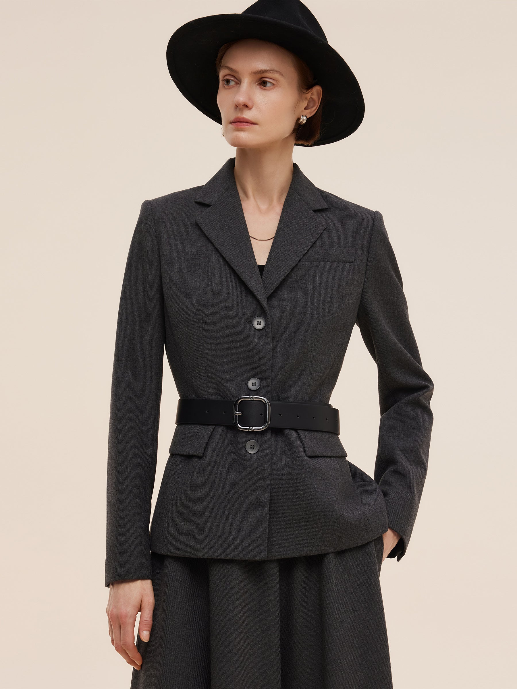 [Preview] Worsted Wool Blend Women Blazer With Fringe Scarf And Belt GOELIA