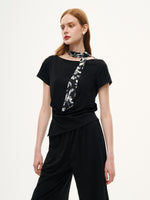 Boat Neck Side Ruched Top And Pants Two-Piece Set With Floral Print Scarf GOELIA
