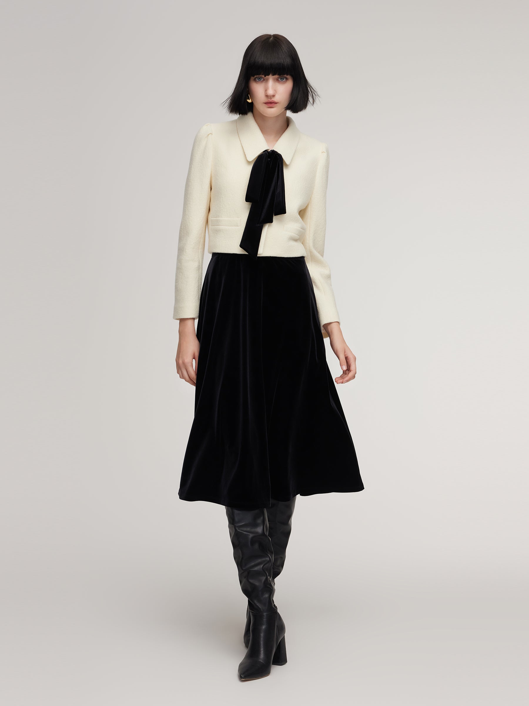 [Preview] 100% Wool Jacket And Velvet Skirt Two-Piece Set With Ribbon GOELIA