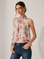 10MM Mulberry Silk Iris Print Women Halter Top GOELIA
