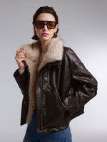 [Preview] PU Leather Goose Down Jacket With Detachable Faux Fur Collar GOELIA