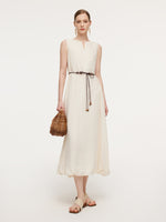 100% Ramie Bubble Hem Women Sleeveless Maxi Dress With Tie String Belt GOELIA