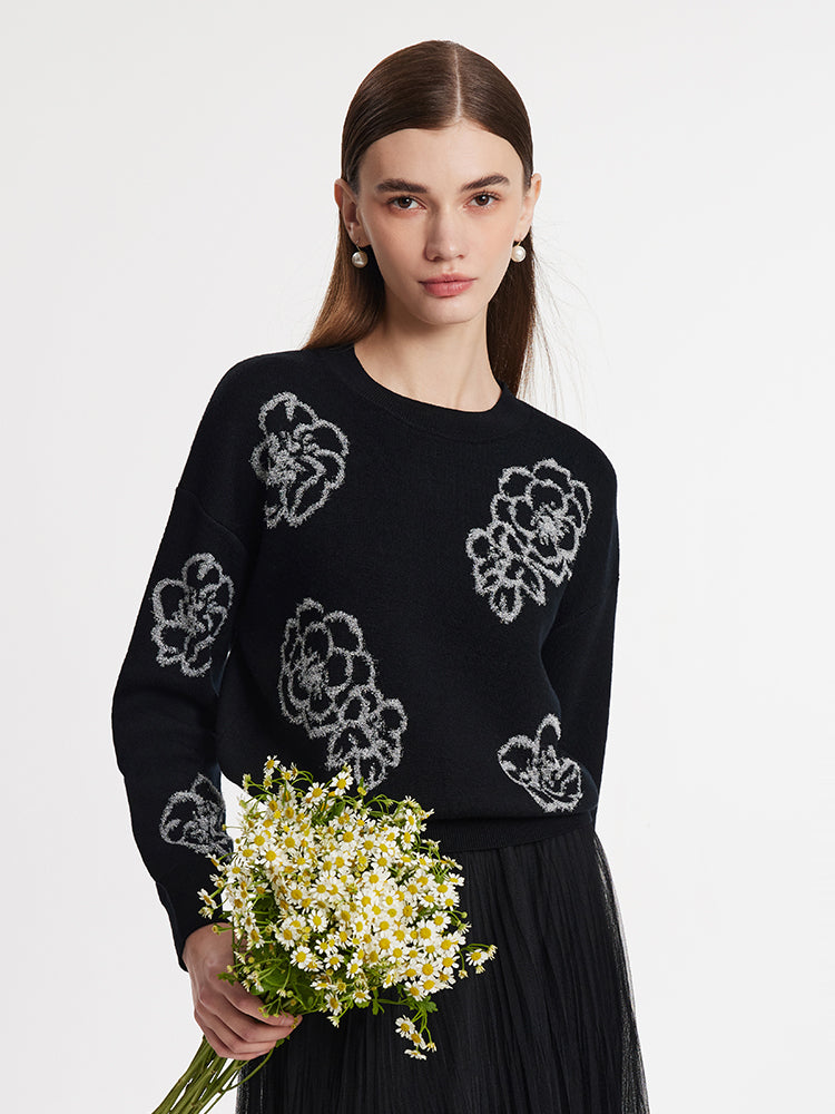 Floral Jacquard Round Neck Women Sweater GOELIA