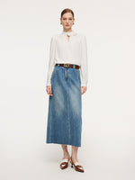 Lyocell Cotton Blend Denim Frayed Hem Women Skirt With Belt GOELIA