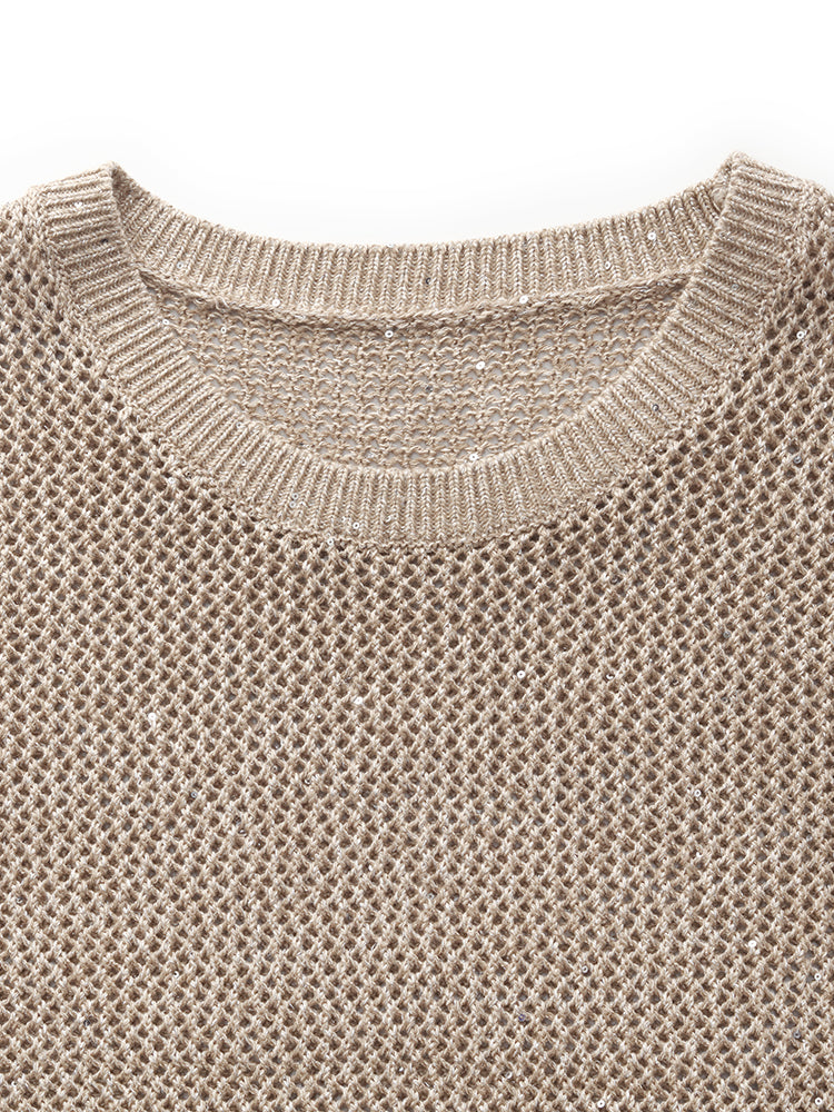 Linen Sequin-Embellished Women Open-Knit Tank Top GOELIA