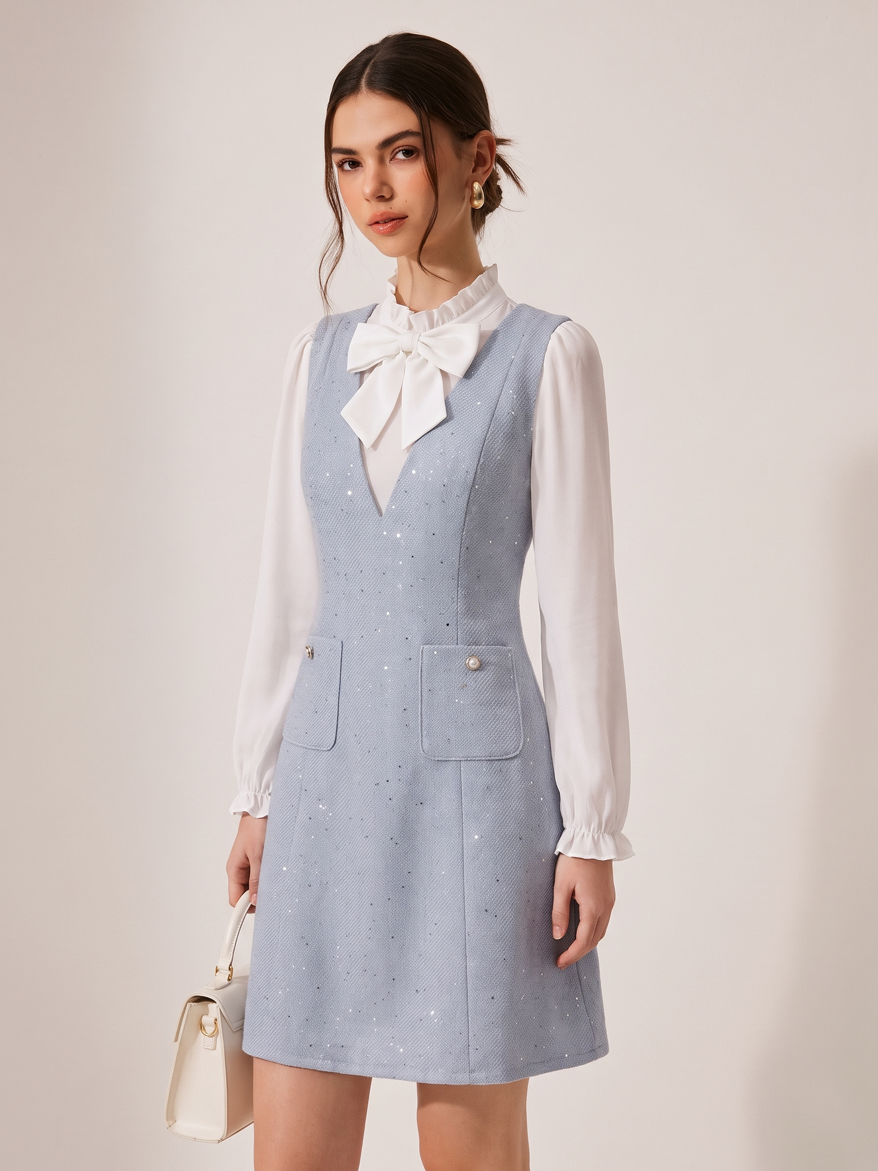 Acetate Blend Ruffle Neck Women Mini Dress With Detachable Bow GOELIA