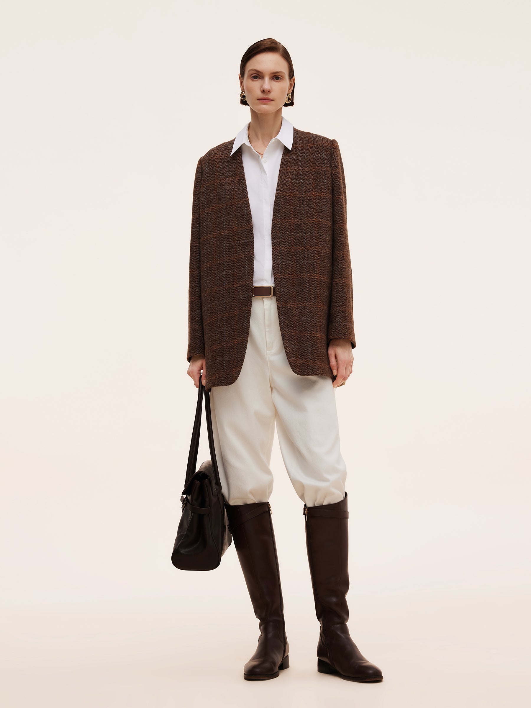 100% Wool Plaid Collarless Women Blazer GOELIA