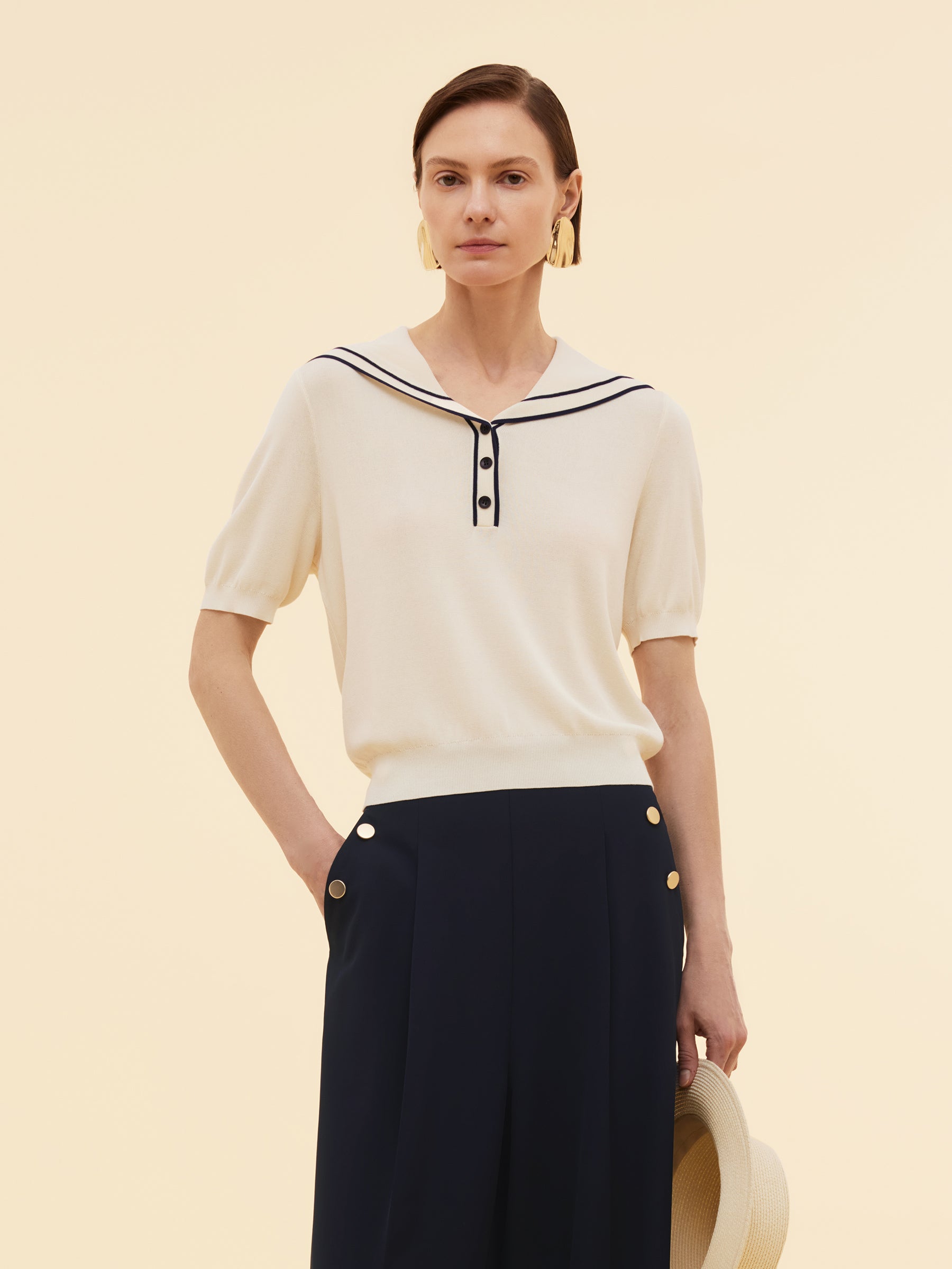 Acetate Cotton Blend Women Sailor Collar Knit Top GOELIA