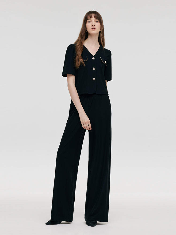 V-Neck Top And Straight Pants Two-Piece Set GOELIA