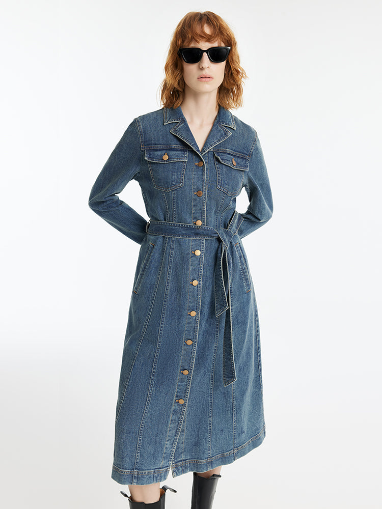 Denim Lapel Single-Breasted Women Midi Dress With Belt GOELIA