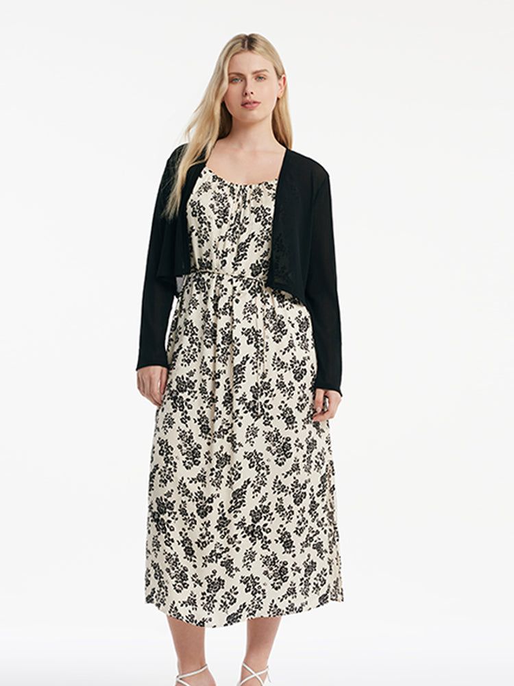 Camellia Printed Spaghetti Strap Dress And Knitted Cardigan Two-Piece Set GOELIA