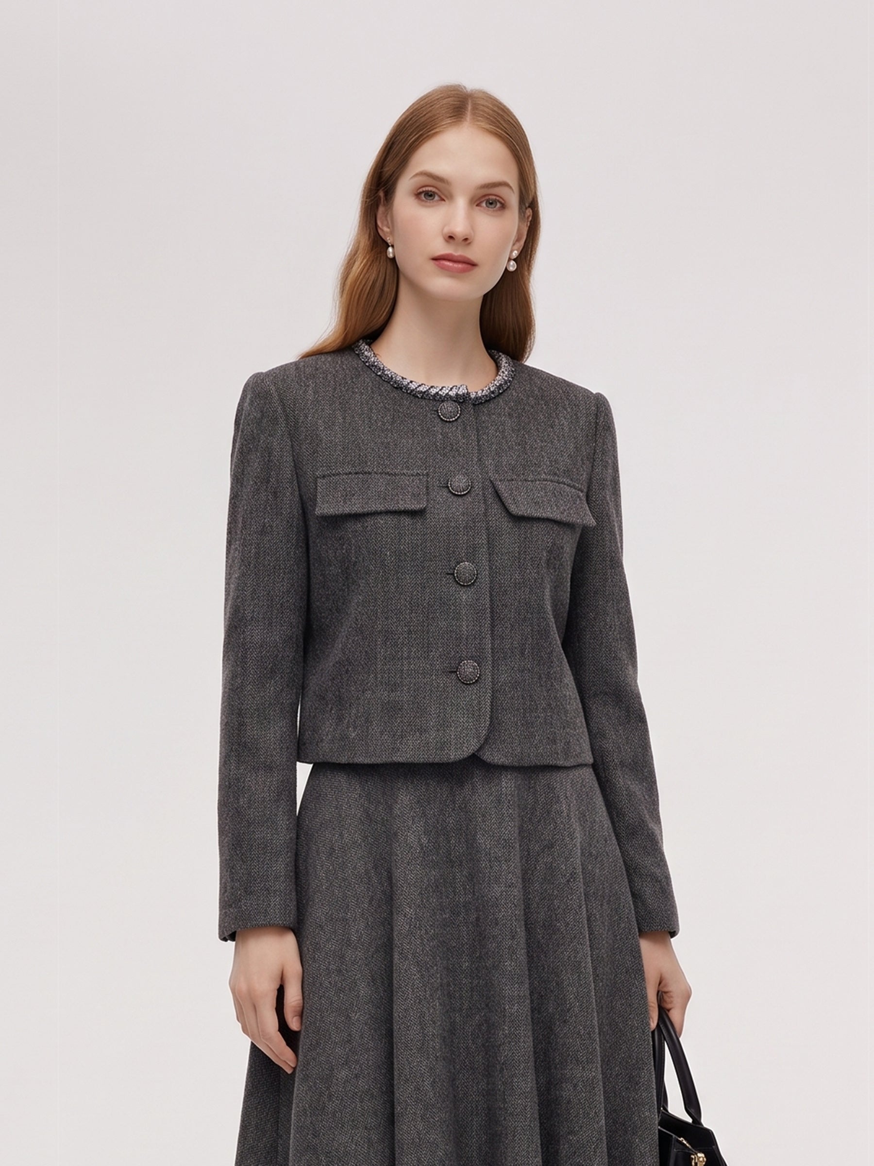 [Preview] Washable Wool Cropped Jacket And Sleeveless Dress Two-Piece Set GOELIA