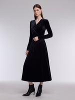 Velvet Twist Front Women V-Neck Pleated Maxi Dress GOELIA