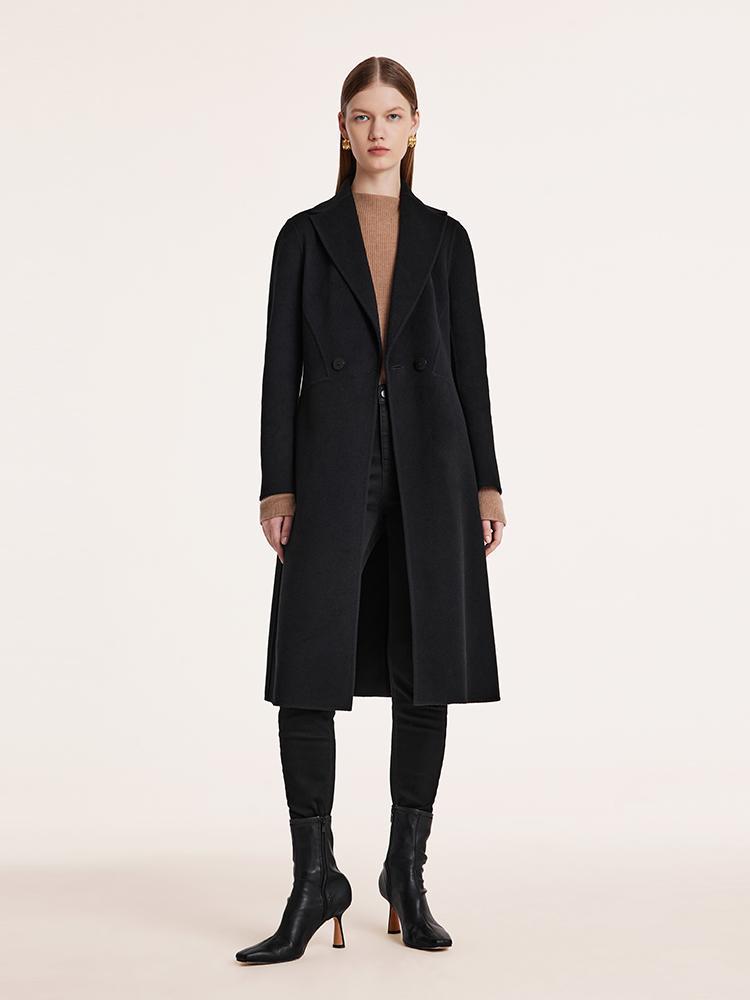 Black Wool And Cashmere Notched Lapel Women Coat GOELIA