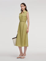 100% Linen Sleeveless Women Maxi Shirt Dress With Belt GOELIA