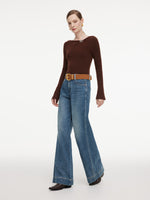100% Cotton Denim Women Wide Leg Jeans With Belt GOELIA