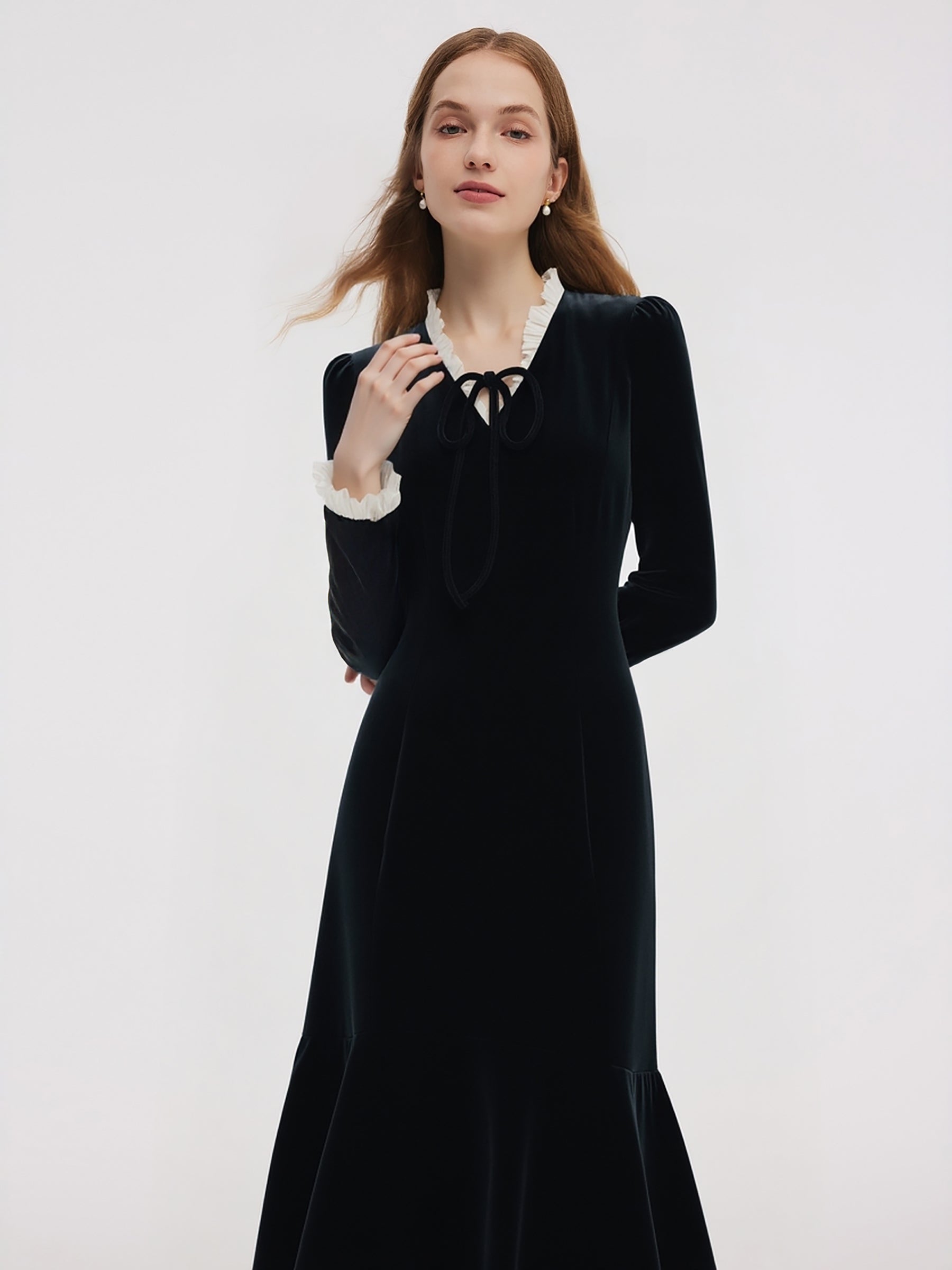 [Preview] Velvet Tie-Front Ruffle V-Neck Women Midi Dress With Scrunchie GOELIA