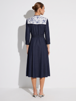 V-Neck Belted Women Denim Look Maxi Dress With Detachable Floral Print Silk Collar GOELIA