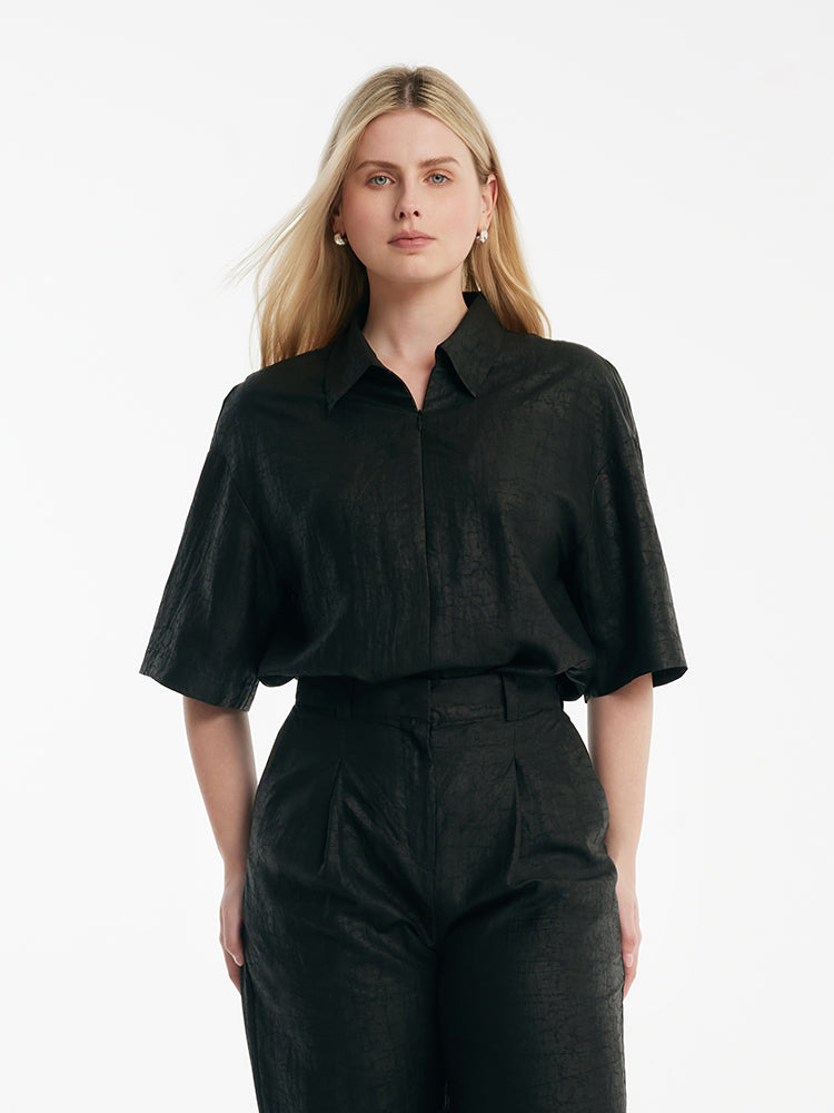 18 Momme Xiang Yun Silk Women Shirt With Zippered Lapel Collar GOELIA