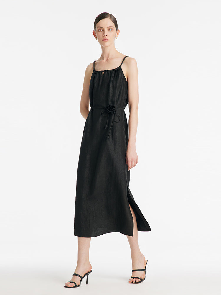 18 Momme Xiang Yun Silk Women Spaghetti Strap Maxi Dress With 3D Rose Belt GOELIA