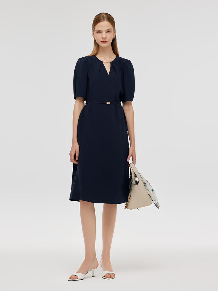 Triacetate Cut-Out Neck Women Midi Dress With Belt GOELIA