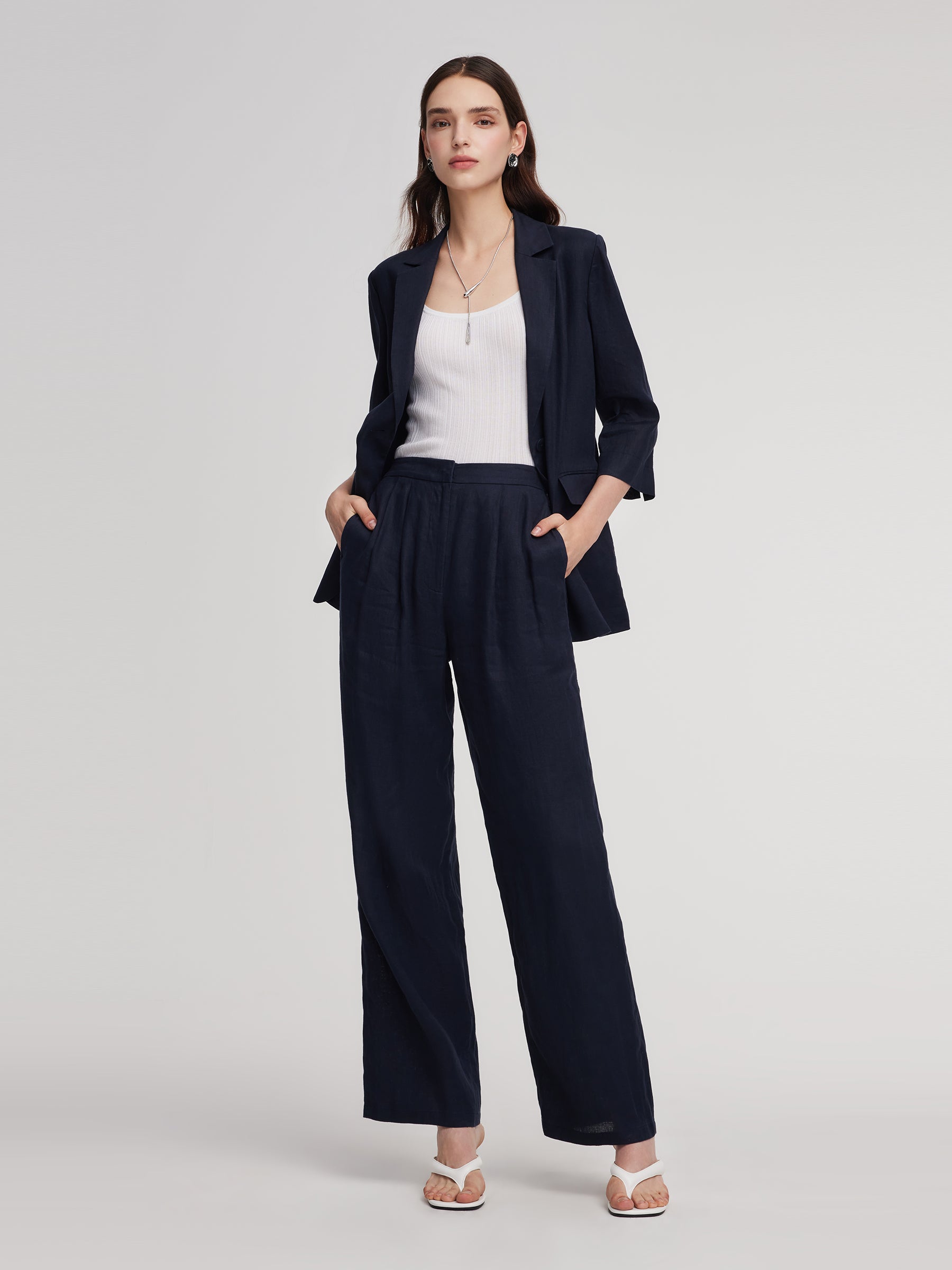 100% Linen Straight Leg Women Pants GOELIA