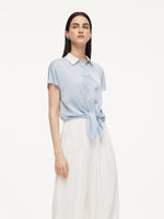 22MM Mulberry Silk Contrast Collar Tie Front Women Shirt GOELIA