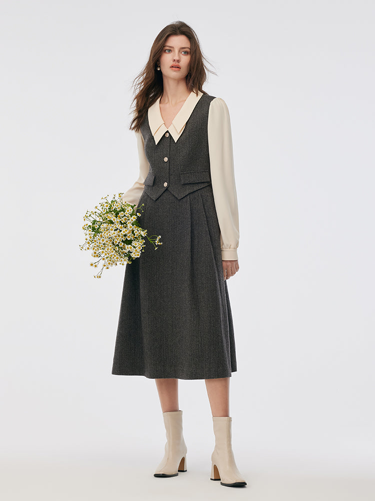 100% Washable Wool Patchwork Women Midi Dress GOELIA