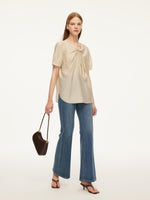 Tencel Acetate Linen Blend Tie Neck Women Blouse GOELIA