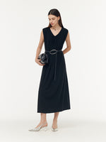 Tencel Knit Women Sleeveless Midi Dress With Leather Belt GOELIA