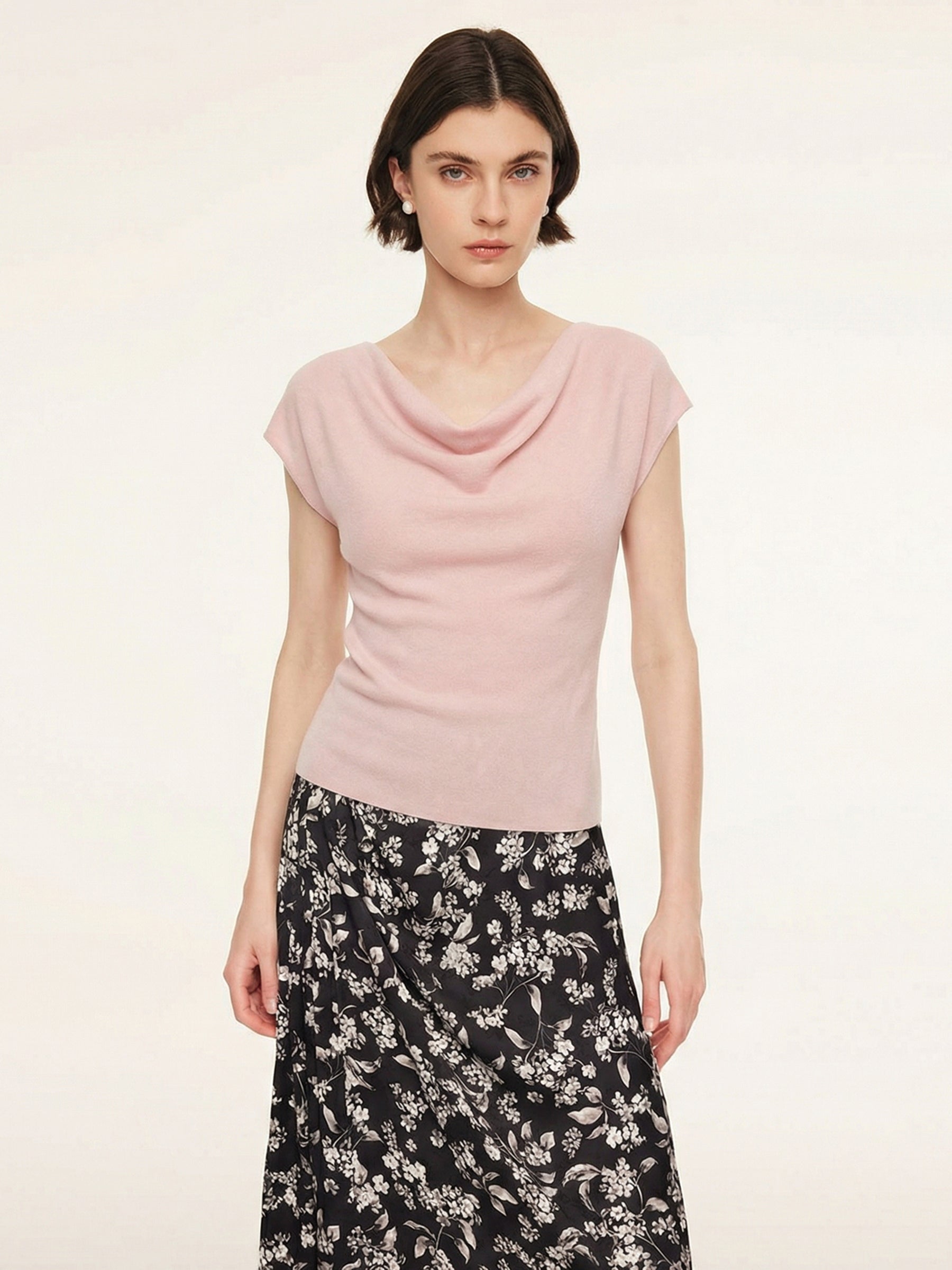 Tencel Mulberry Silk Cowl Neck Women Cap Sleeve Knit Top GOELIA