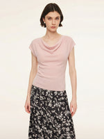 Tencel Mulberry Silk Cowl Neck Women Cap Sleeve Knit Top GOELIA