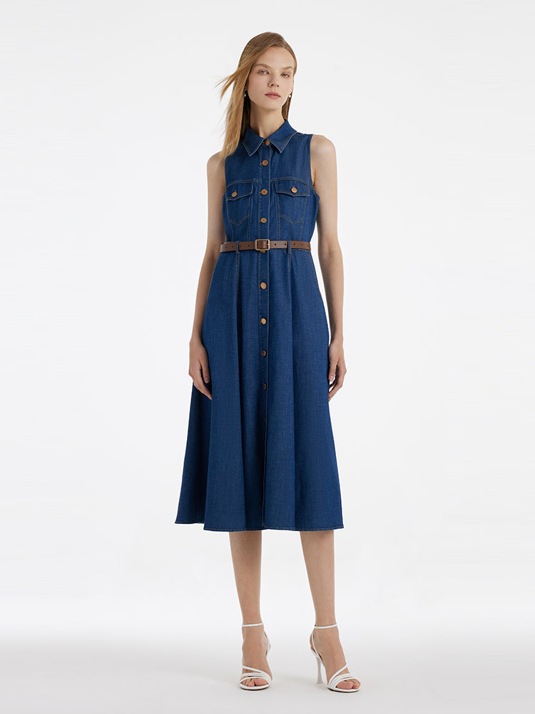 Denim Lapel Women Midi Vest Dress With Belt GOELIA