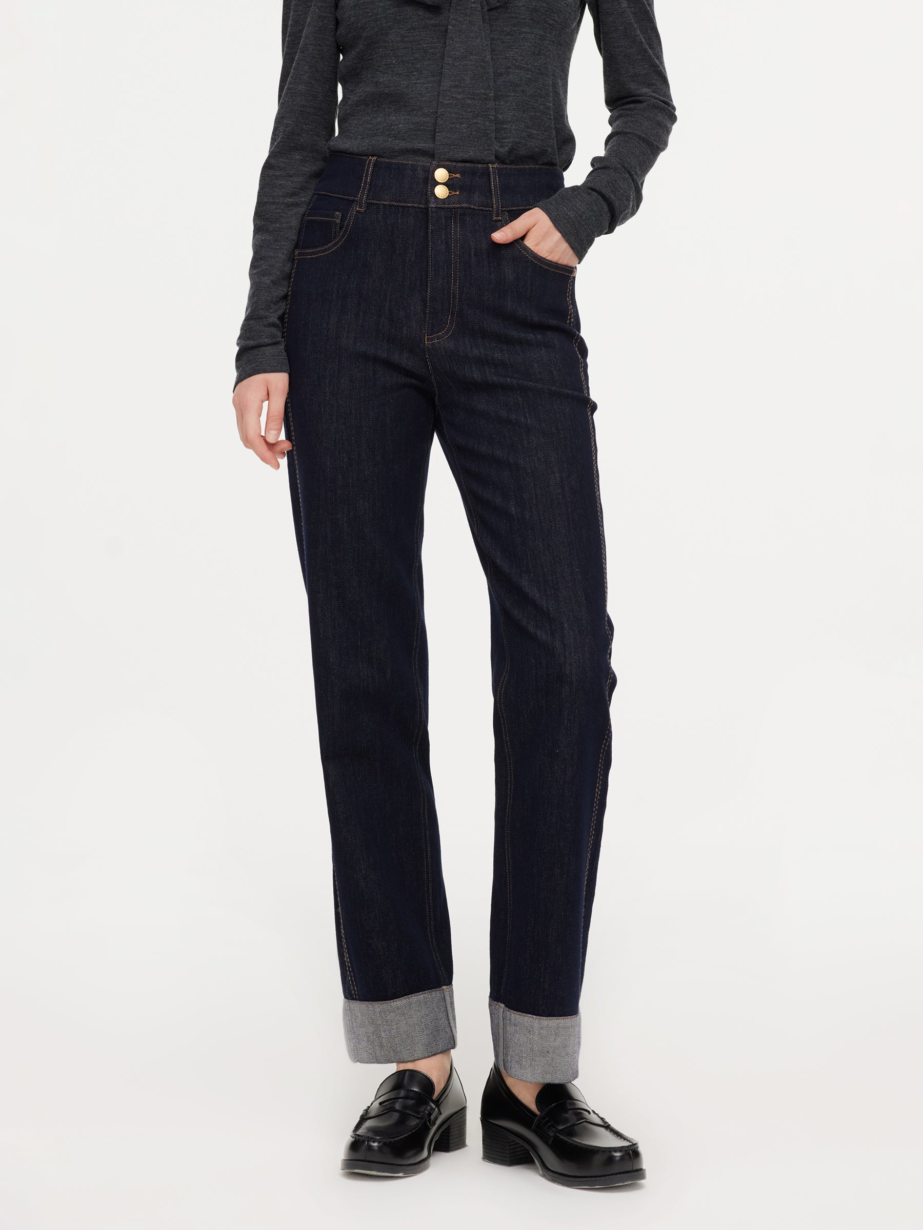 Cotton Cuffed Straight Leg Women Jeans GOELIA