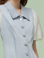 Denim Patchwork Women Puff-sleeved Midi Dress GOELIA