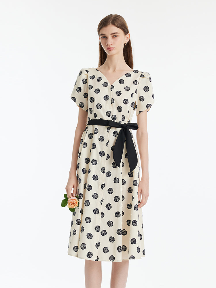 Black Rose Print V-Neck Petal Sleeves Women Midi Dress With Belt GOELIA