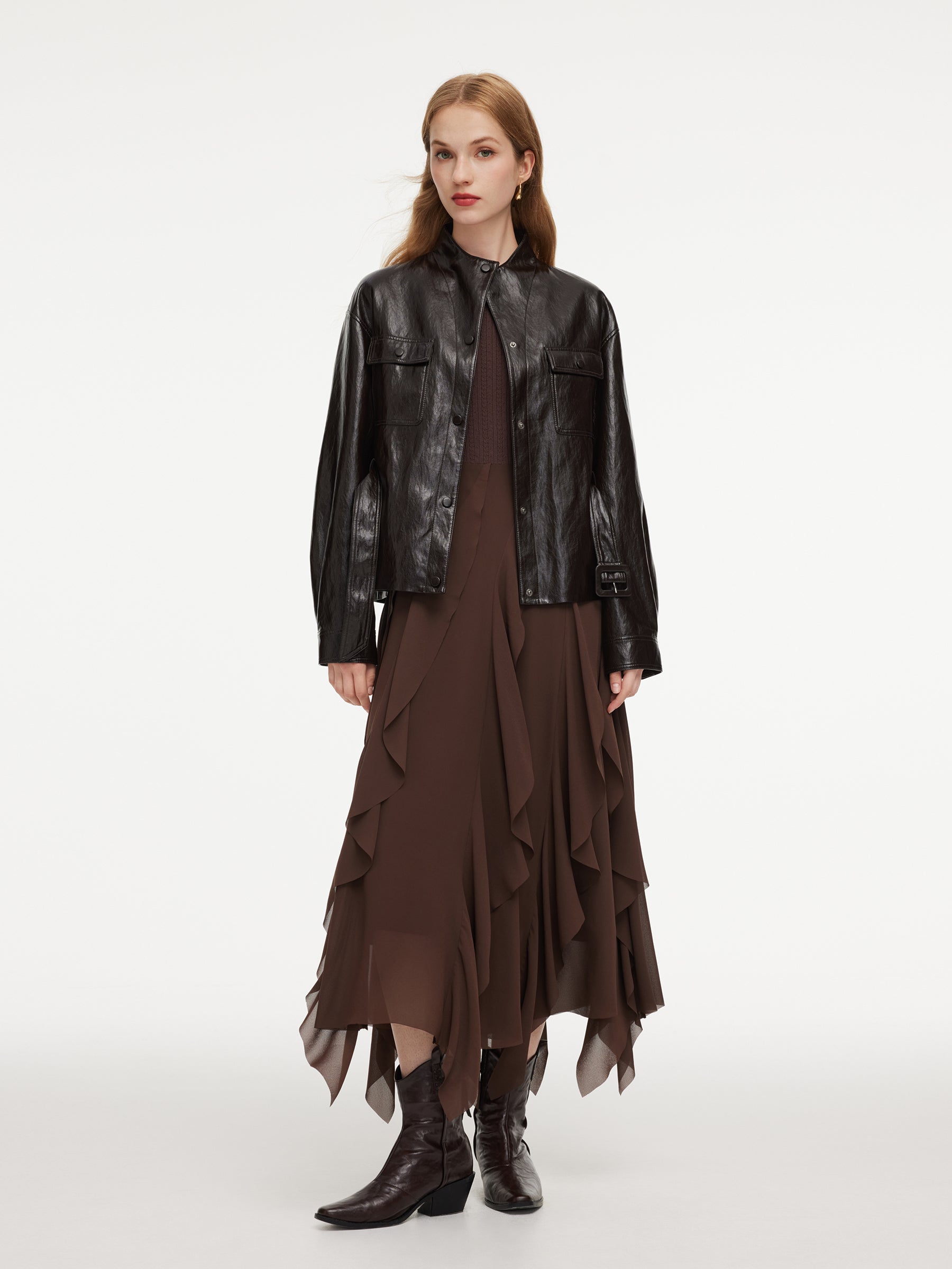 PU Leather Stand Collar Wind-Proof Women Belted Jacket GOELIA