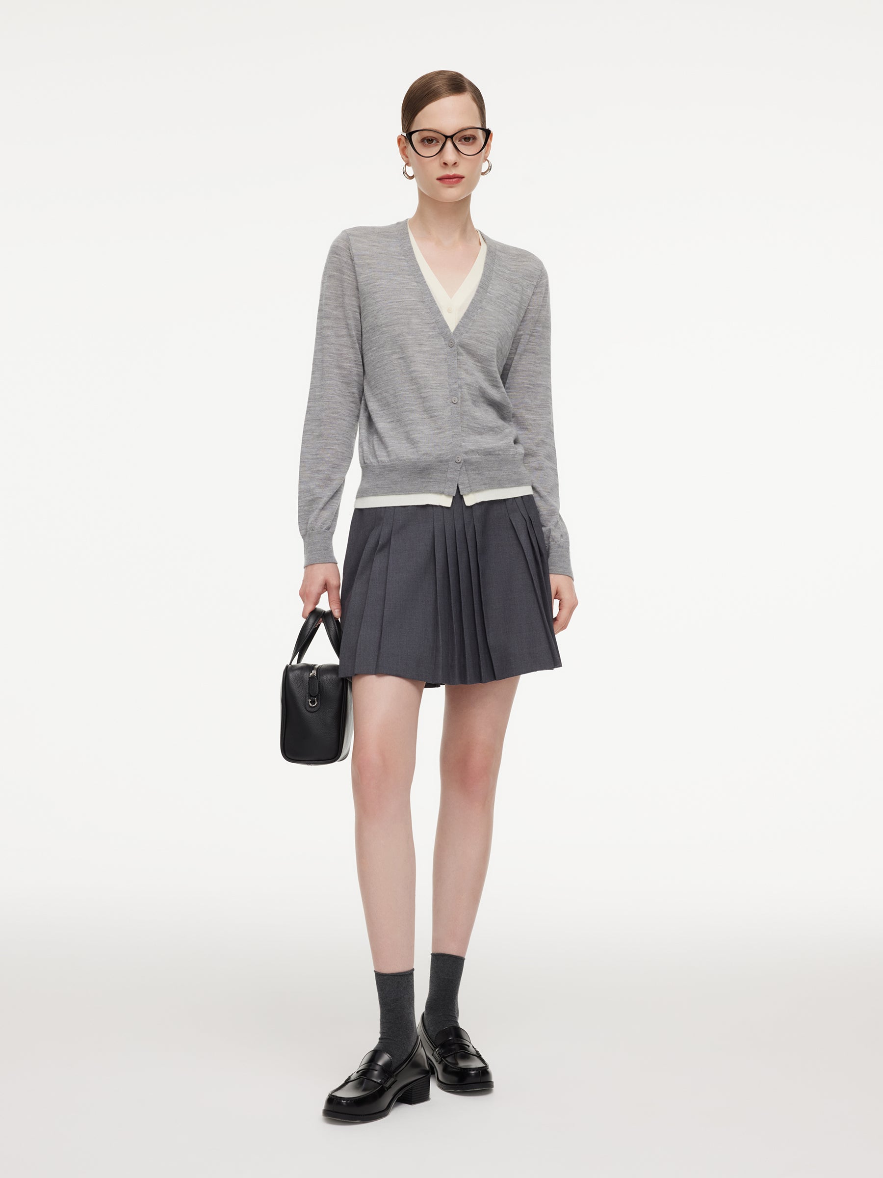 100% Wool V-Neck Women Mock-Layered Cardigan GOELIA