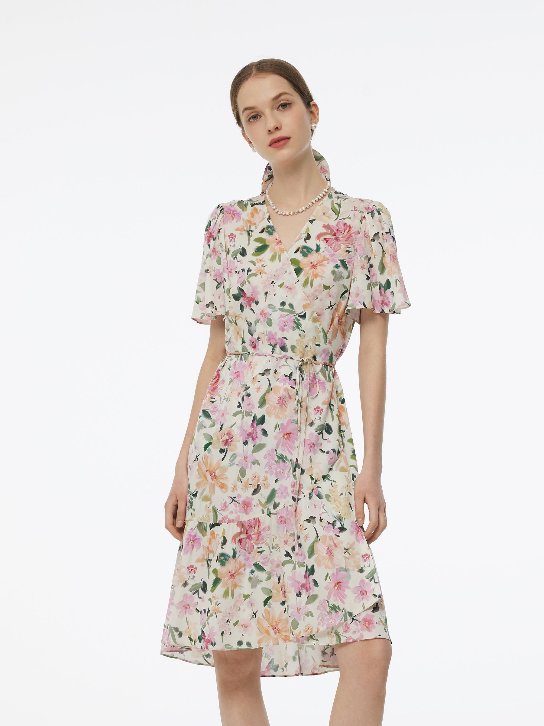19MM Mulberry Silk Floral Print V-Neck Women Wrap Midi Dress GOELIA