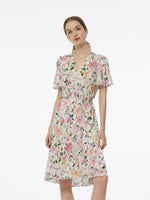 19MM Mulberry Silk Floral Print V-Neck Women Wrap Midi Dress GOELIA