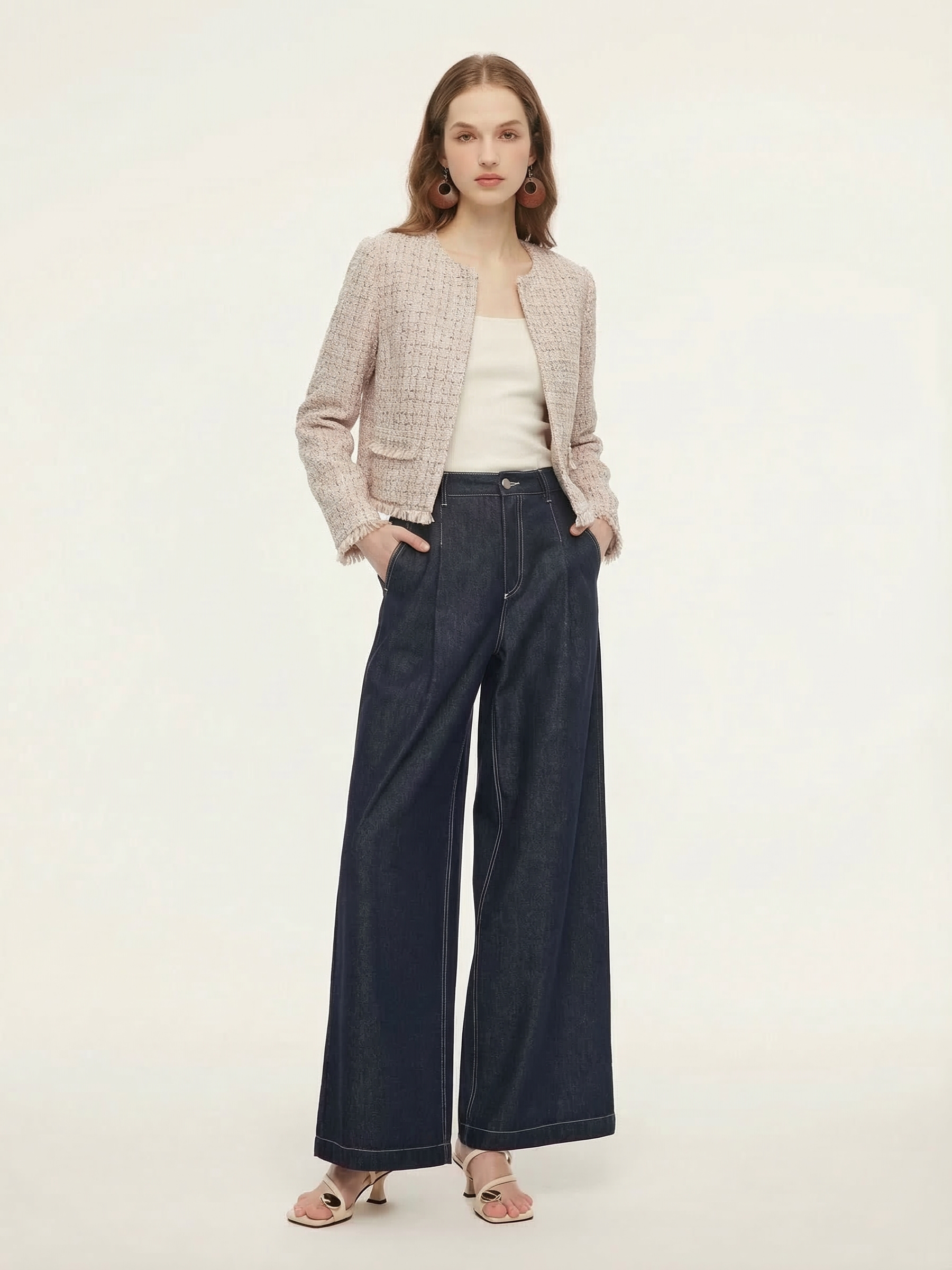 Wool Blend Textured Tweed Frayed Hem Women Jacket GOELIA