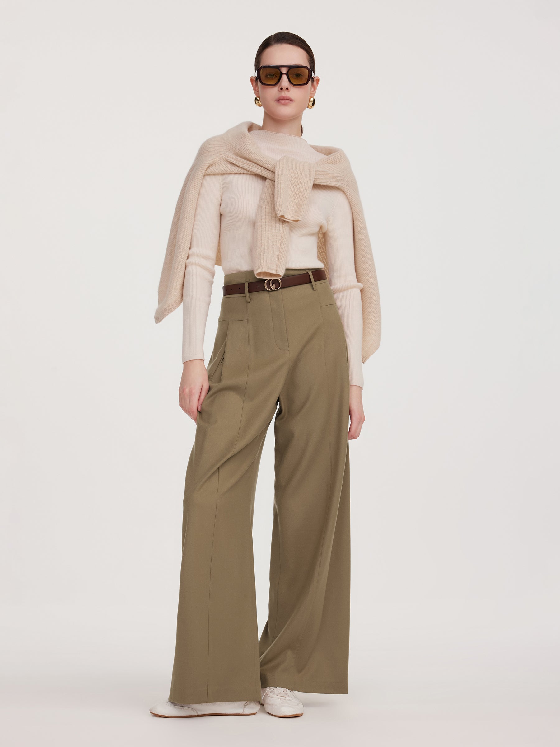 Cashmere Wool Blend Women Wide Leg Pants GOELIA