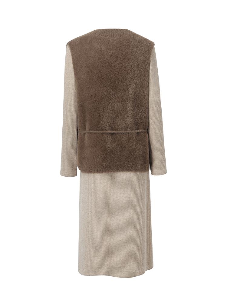 Slim Pinafore Dress And Faux Mink Vest Two-Piece Set With Belt GOELIA