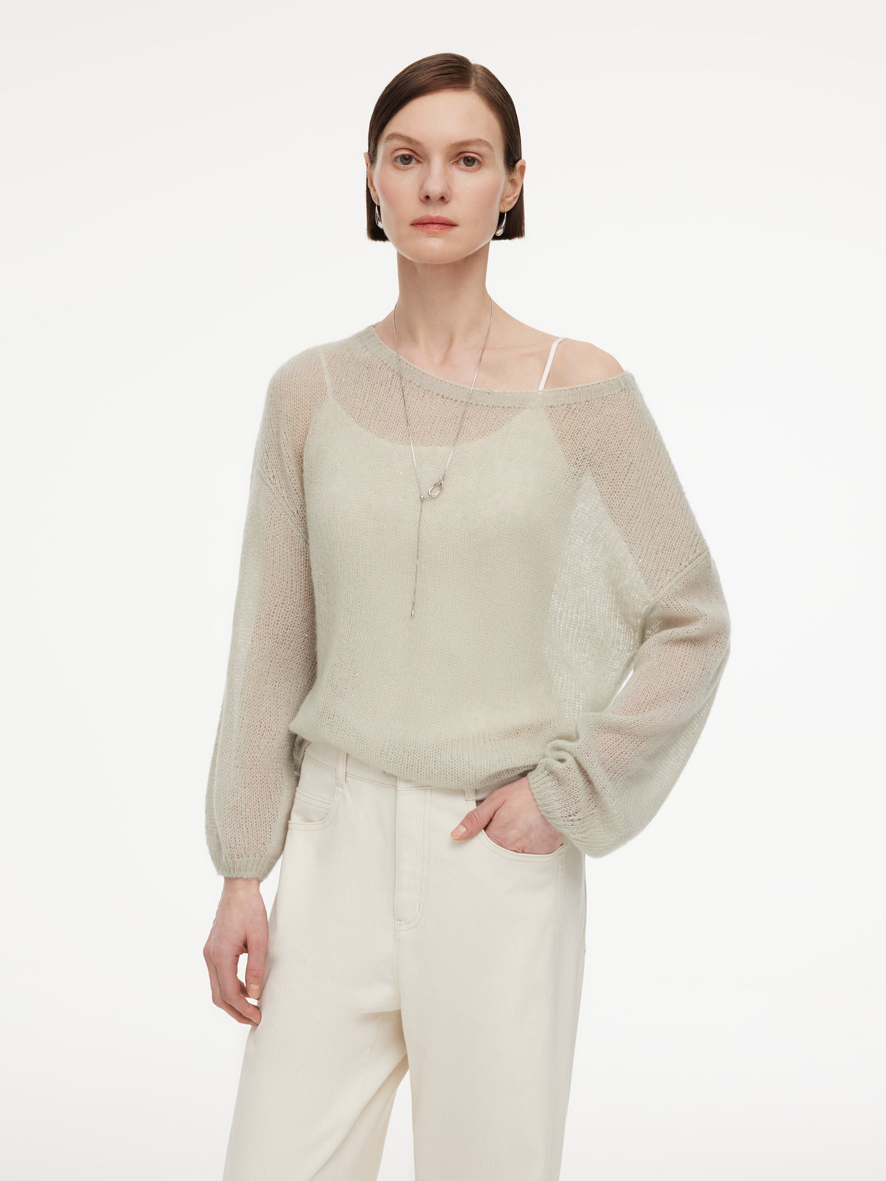 Cashmere Mulberry Silk Blend Boat Neck Women Knit Top GOELIA