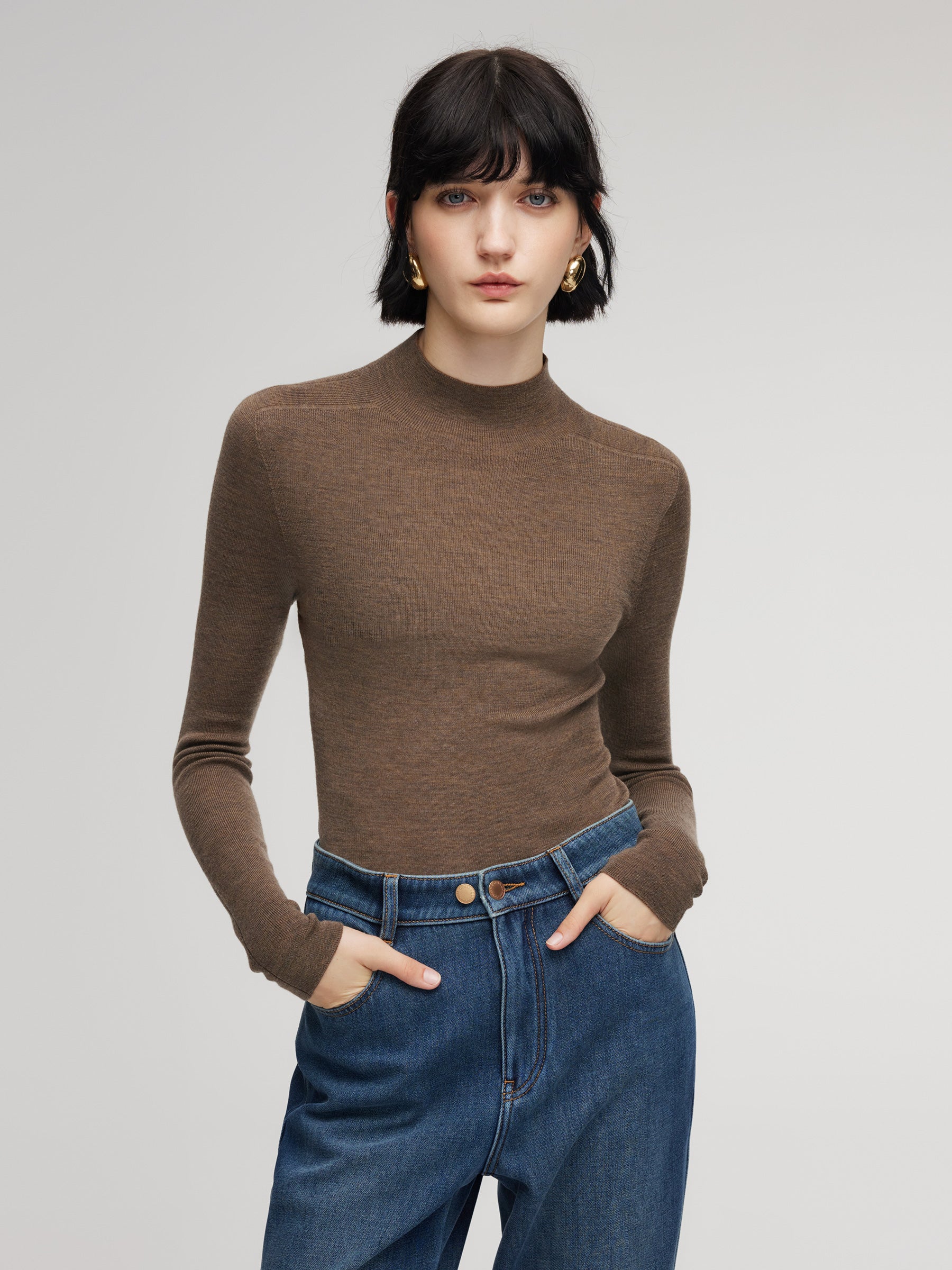 [Preview] 100% Wool Seamless Mock Neck Women Knit Top GOELIA