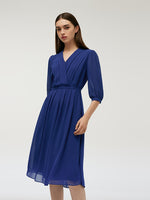 V-Neck Pleated Lace Up Wrap Midi Dress GOELIA