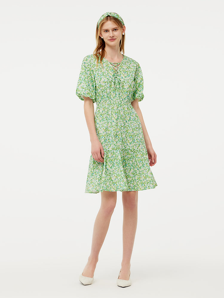 Cotton Floral Print Drawstring Front Women Mini Dress With Hairband GOELIA